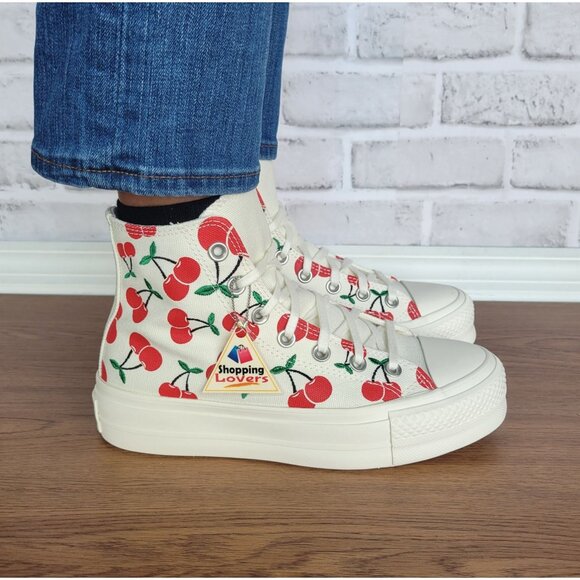 ⭐Converse Ctas Lift Platform Cherries 7.5 Womens Shoes Egret Red Sneaker A08096C - Picture 2 of 13